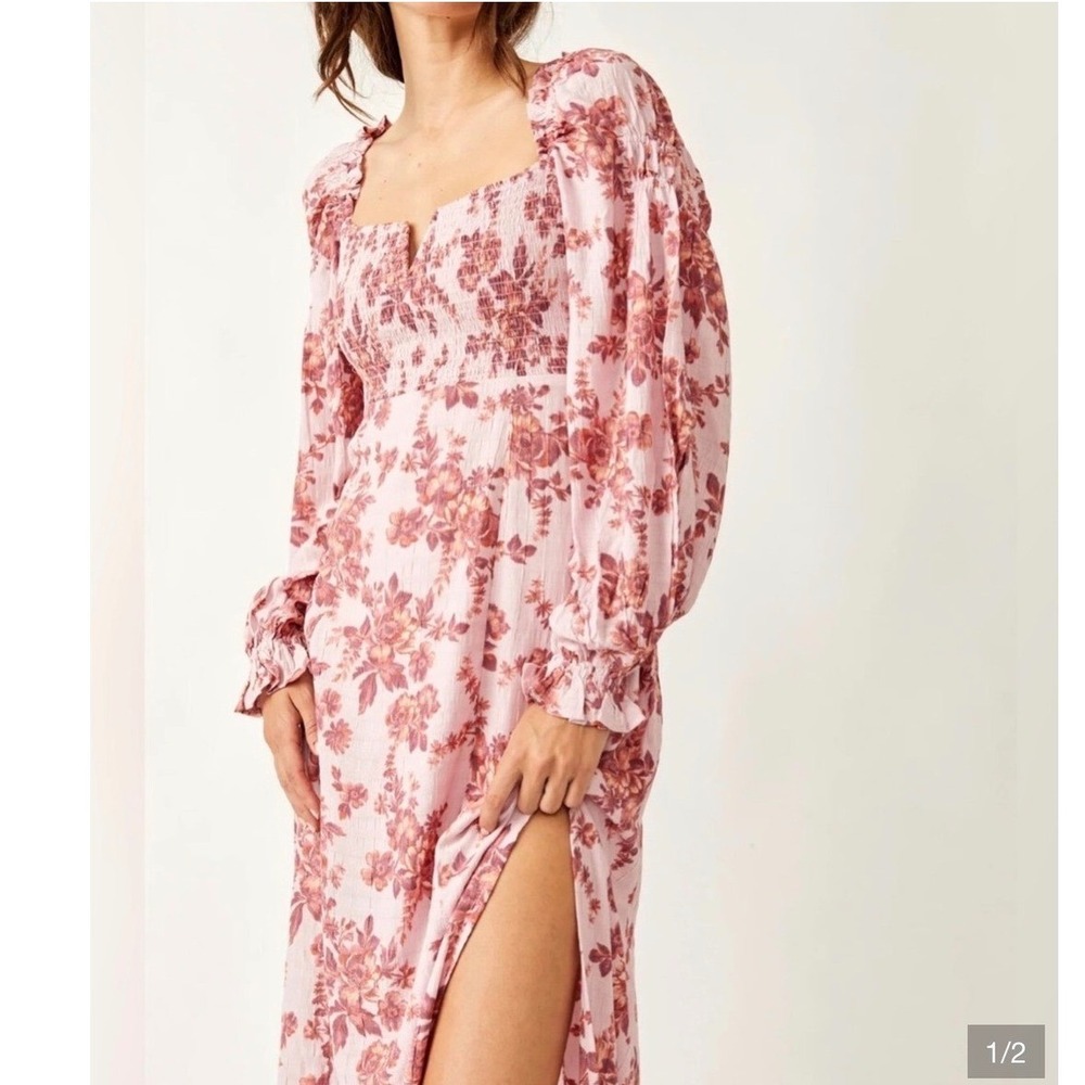Free People Jaymes Pink Floral Midi Dress Long Puff Sleeve Smocked OB1295094